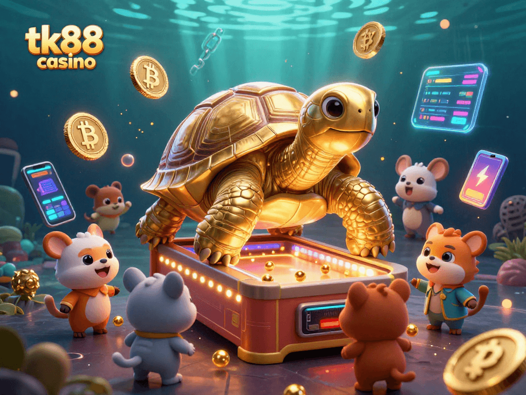 Engage with the tk88 casino through vibrant 3D illustration featuring interactive gaming elements.