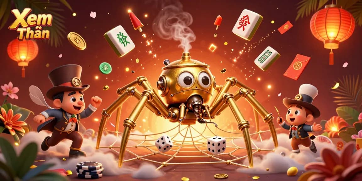 Xem Thêm features a steampunk spider with playing cards, capturing dice in an elaborate web.