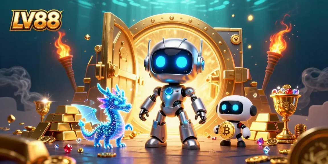 Play thrilling games at LV88, featuring a robot and holographic companions amidst golden treasures.