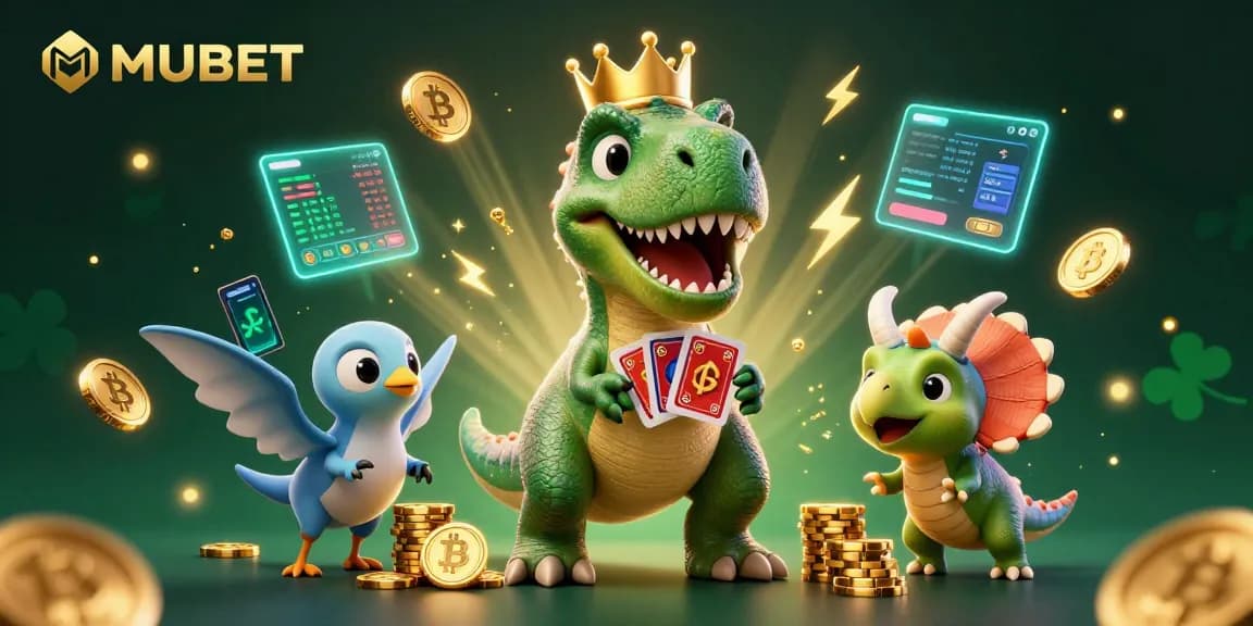 MUBET encourages winning strategies as playful dinosaurs create excitement in a vibrant casino scene
