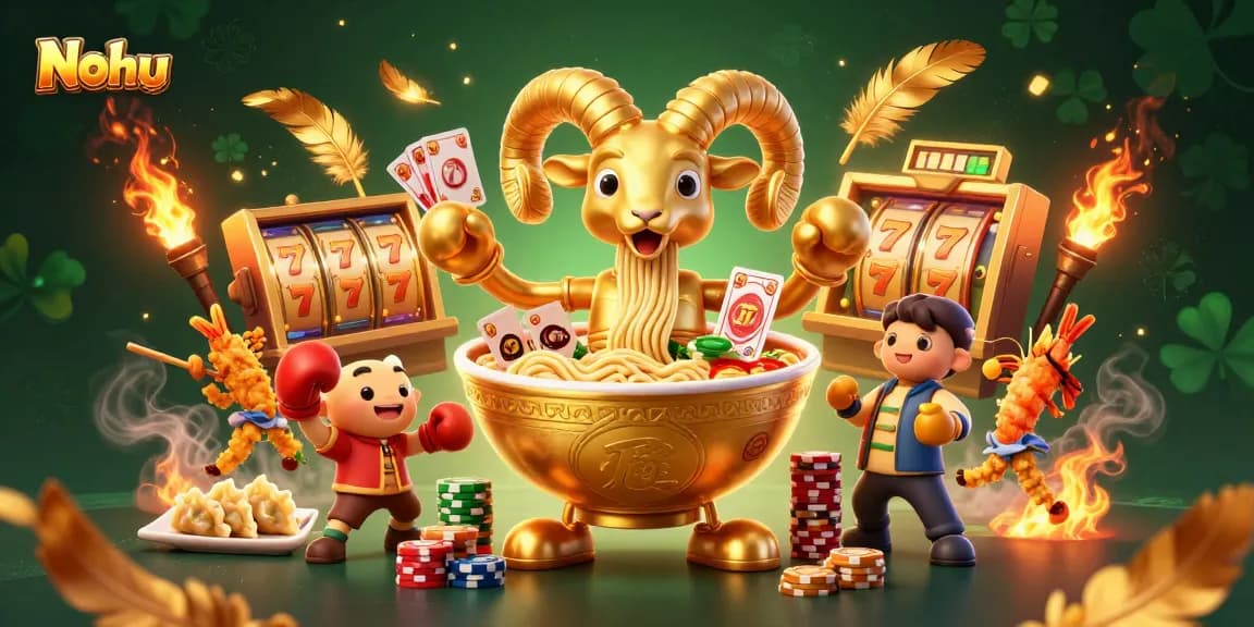 Nohu casino characters engage in a thrilling jackpot game with dynamic slot elements in an ultra-detailed scene.