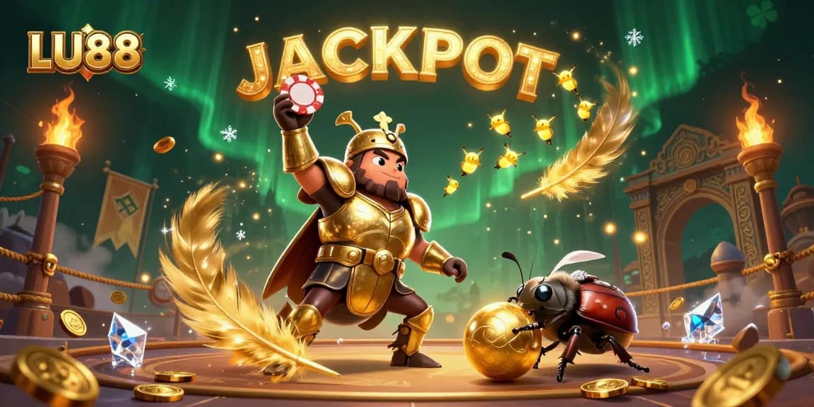 LU88 showcases a victorious beetle in golden armor lifting a poker chip, surrounded by vibrant casino celebrations.