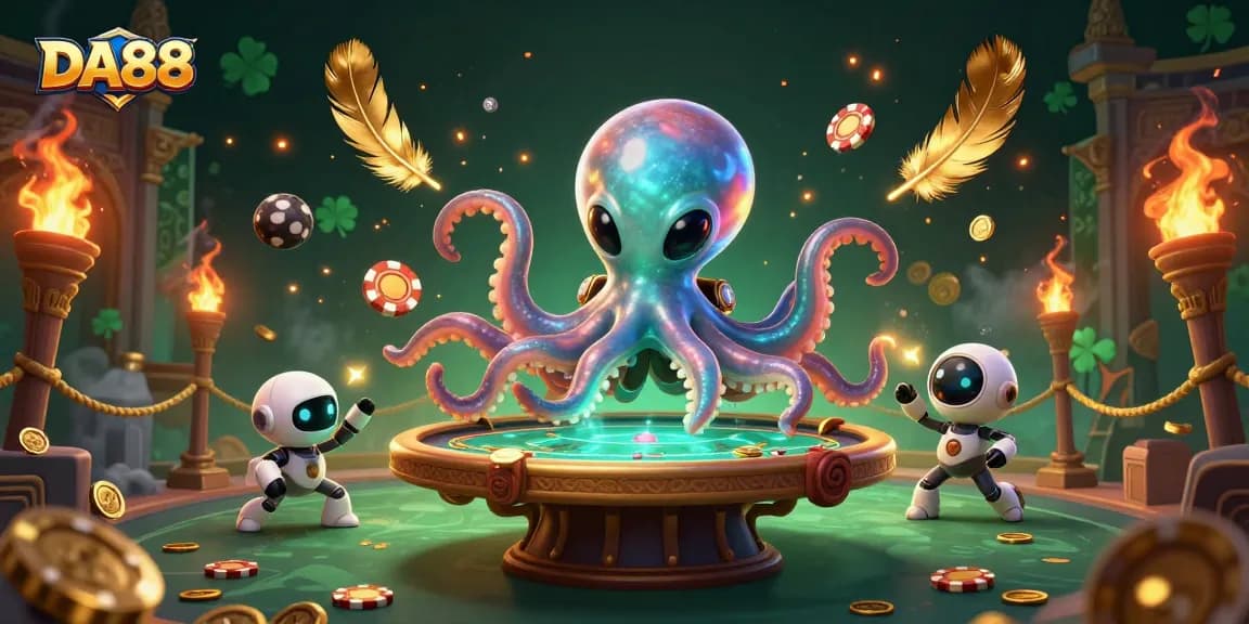 DA88 features an alien octopus competing at poker with a vibrant, cosmic backdrop.