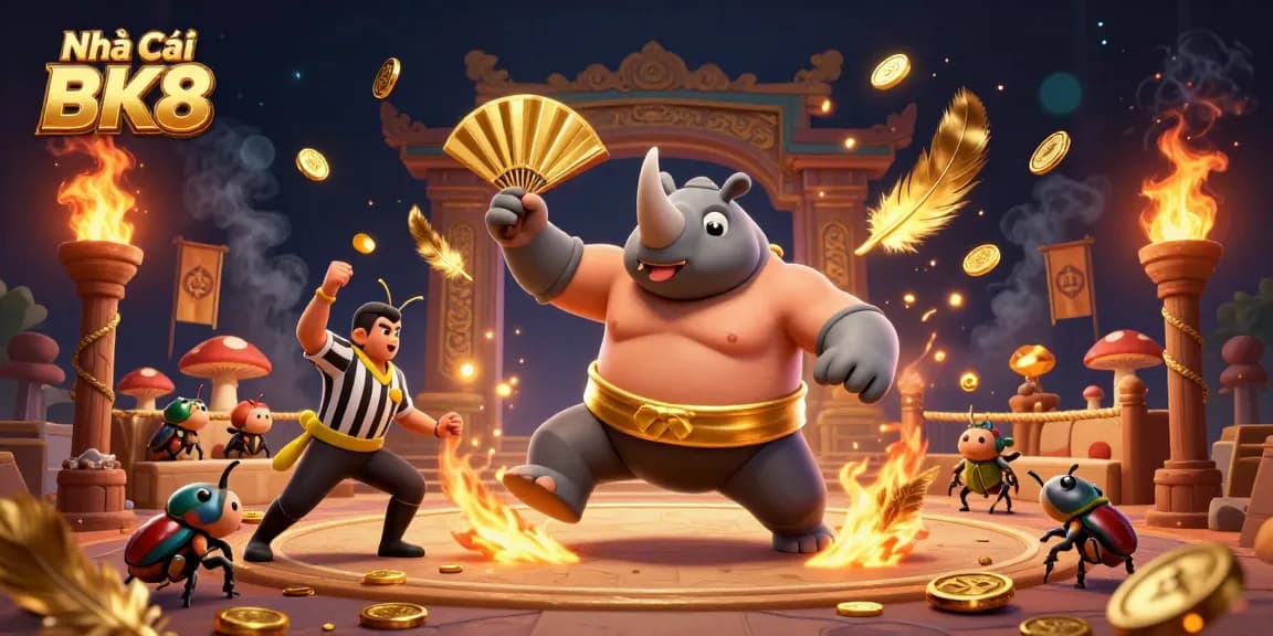 Experience thrilling gameplay at Nhà Cái BK8 with a dynamic scene featuring a sumo champion beetle amidst gold coins and fans.