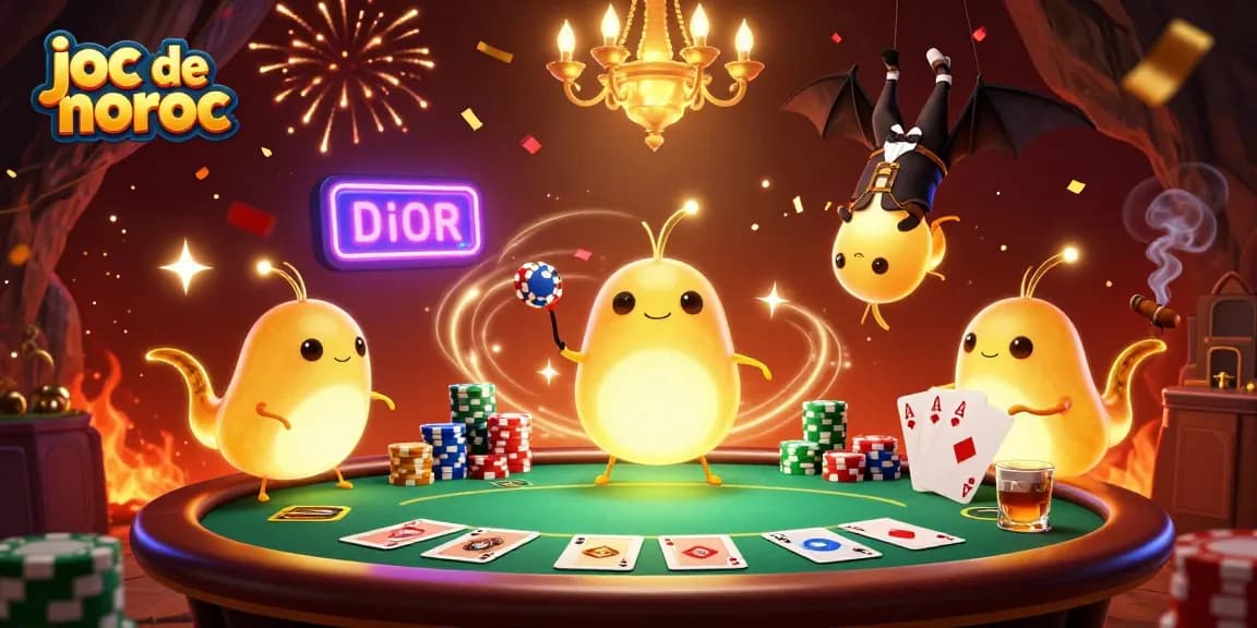Joc de noroc captivant în casino, unde viermi luminoși și un dealer liliac creează o atmosferă jucăușă.