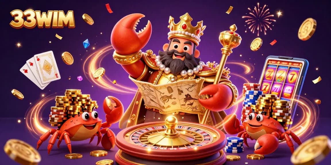 Engage with the 33WIM casino experience featuring a golden crab emperor surrounded by animated game elements.