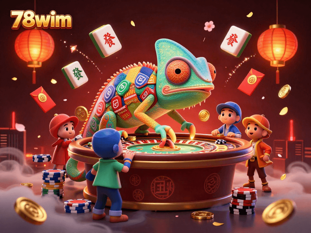 Experience exciting casino action with the vibrant 78wim chameleon, capturing golden coins and luck!