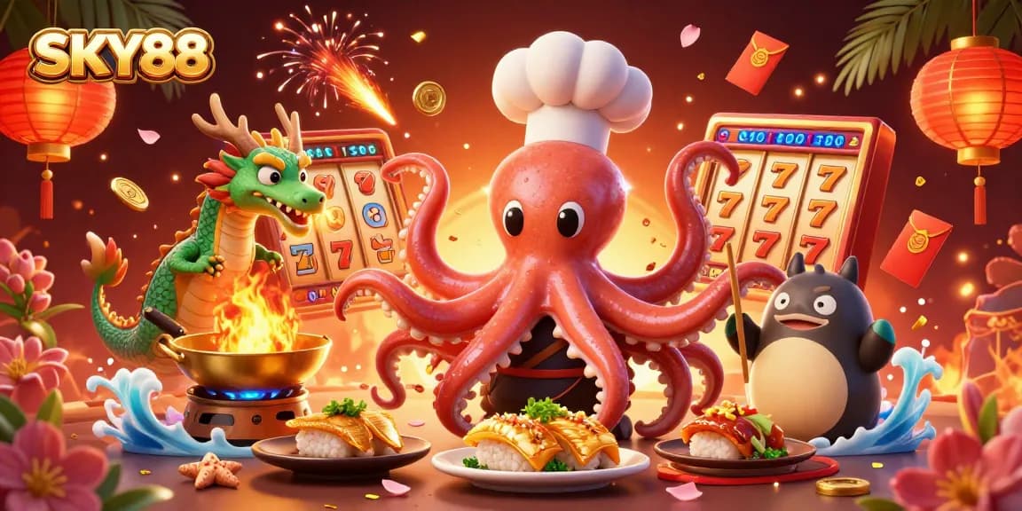 Engage with SKY88's vibrant casino scene featuring a sushi chef octopus, a dragon, and a tanuki.