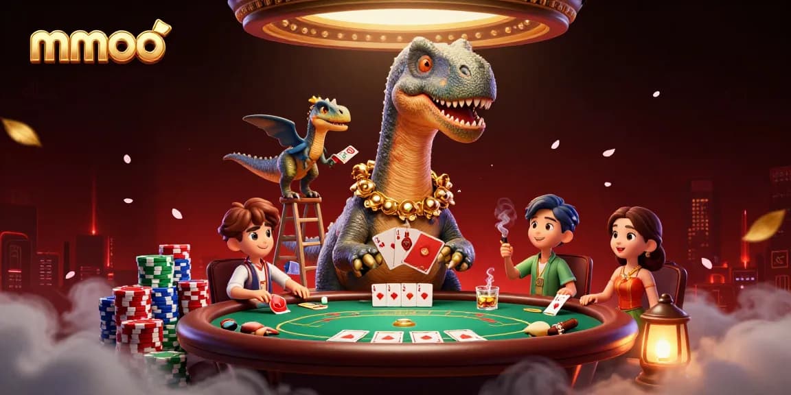 mmoo's animated casino scene shows a brontosaurus and clever raptor in action, surrounded by vibrant poker elements.