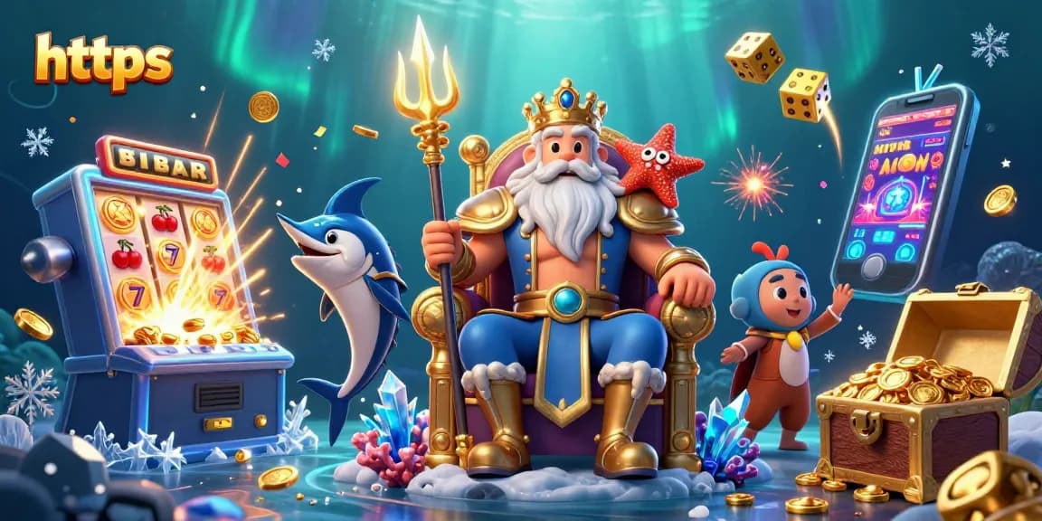 Experience the excitement of slots with jackpot thrills at https featuring Neptune and a vibrant, colorful scene.