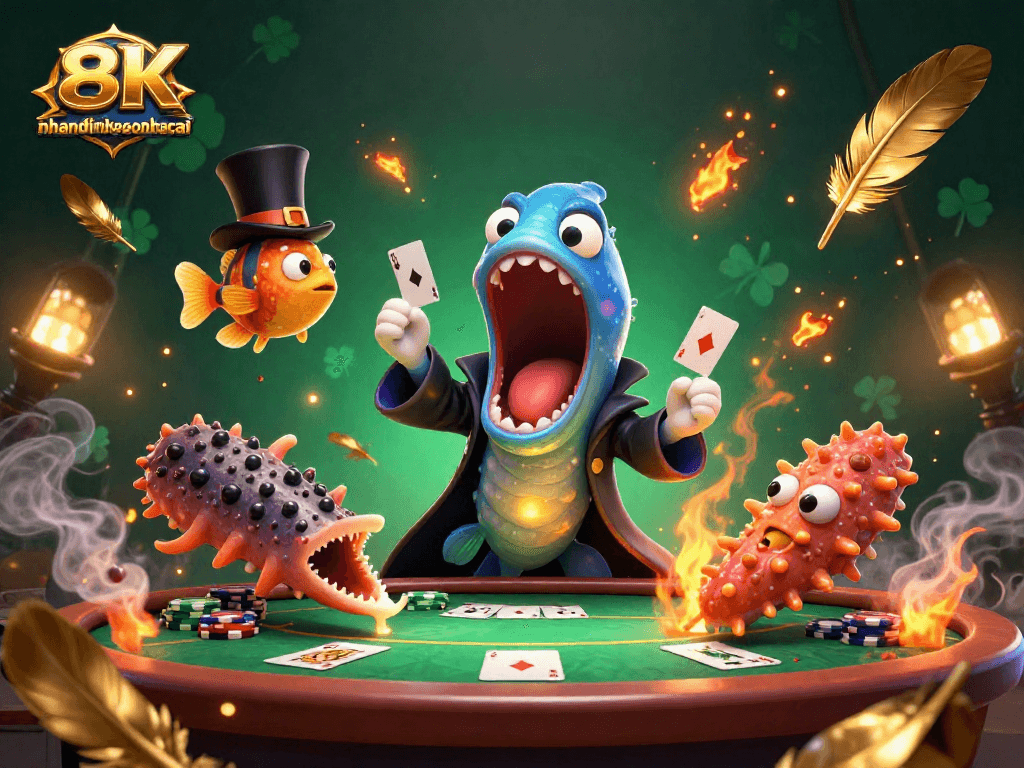 Engage with nhandinhkeonhacai in this vibrant 3D casino scene featuring card tricks and gambling elements.
