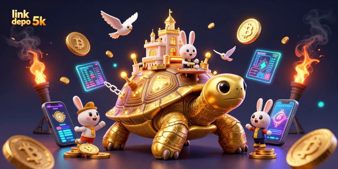 Play at link depo 5k with a dynamic casino scene featuring exciting characters and golden elements.