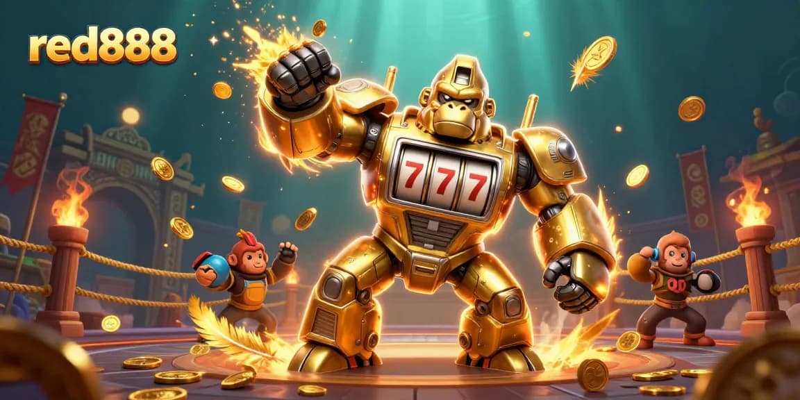 Experience the excitement of red888 with a dynamic illustration featuring a golden gorilla mech amidst thrilling casino elements.