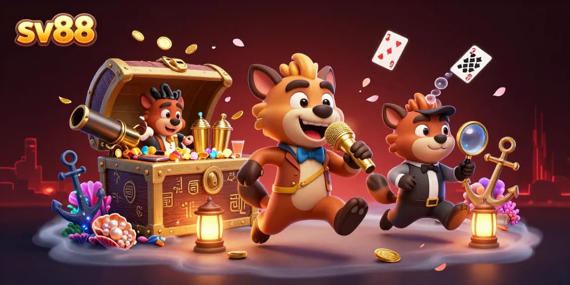 Engage with sv88's lively casino scene featuring hyenas in a comedy club, showcasing gambling excitement.