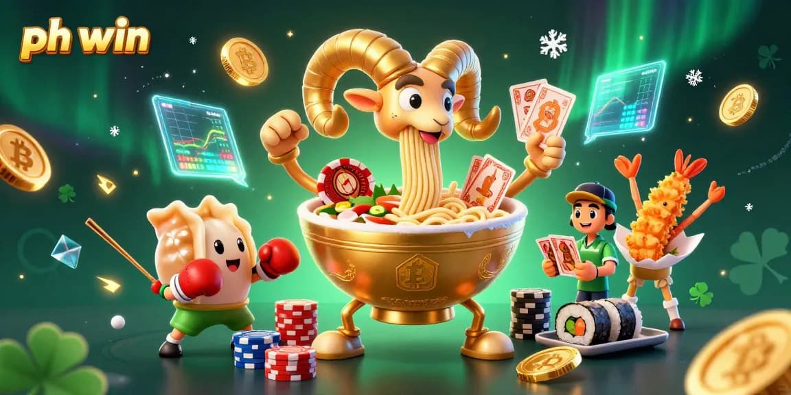 Engage with ph win in this vibrant scene featuring a golden ramen bowl as the dealer, showcasing casino excitement.