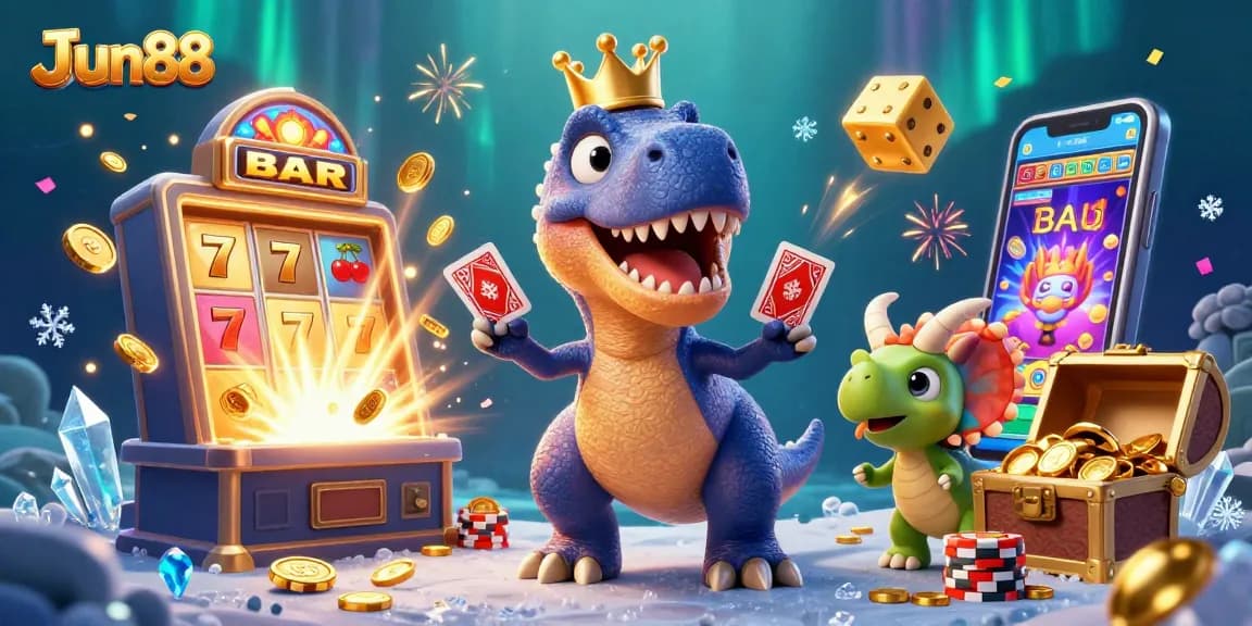 Experience thrilling games with JJun88's engaging casino scene featuring animated characters and rich rewards.