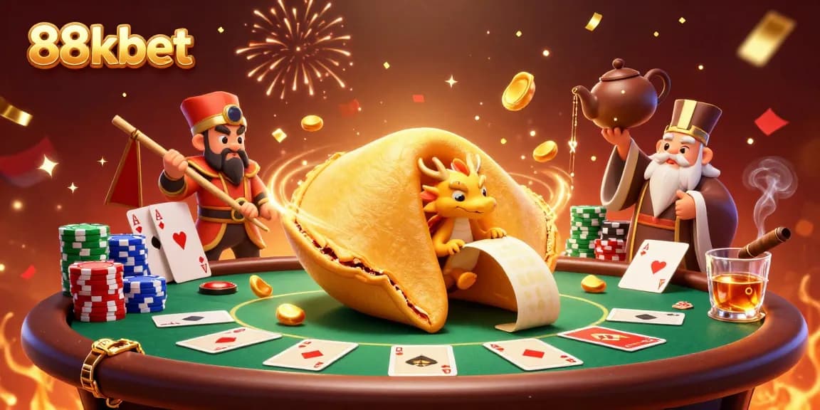 Engage with 88kbet as a tiny wise dragon uncovers fortunes from a giant golden cookie amidst a vibrant casino setting.