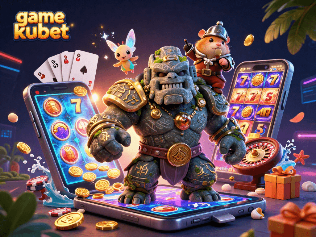 Play thrilling game kubet with slot games, golden coins, and a mystical golem guardian.