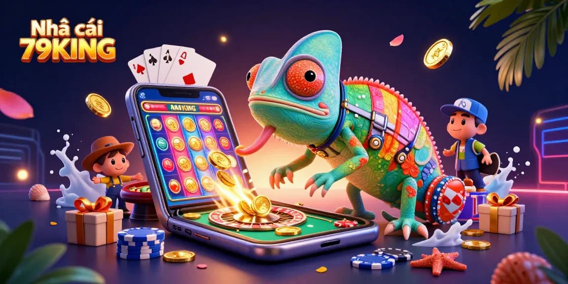 Engaging scene of Nhà cái 79KING with a chameleon casino owner, golden coins, and dynamic gaming elements.