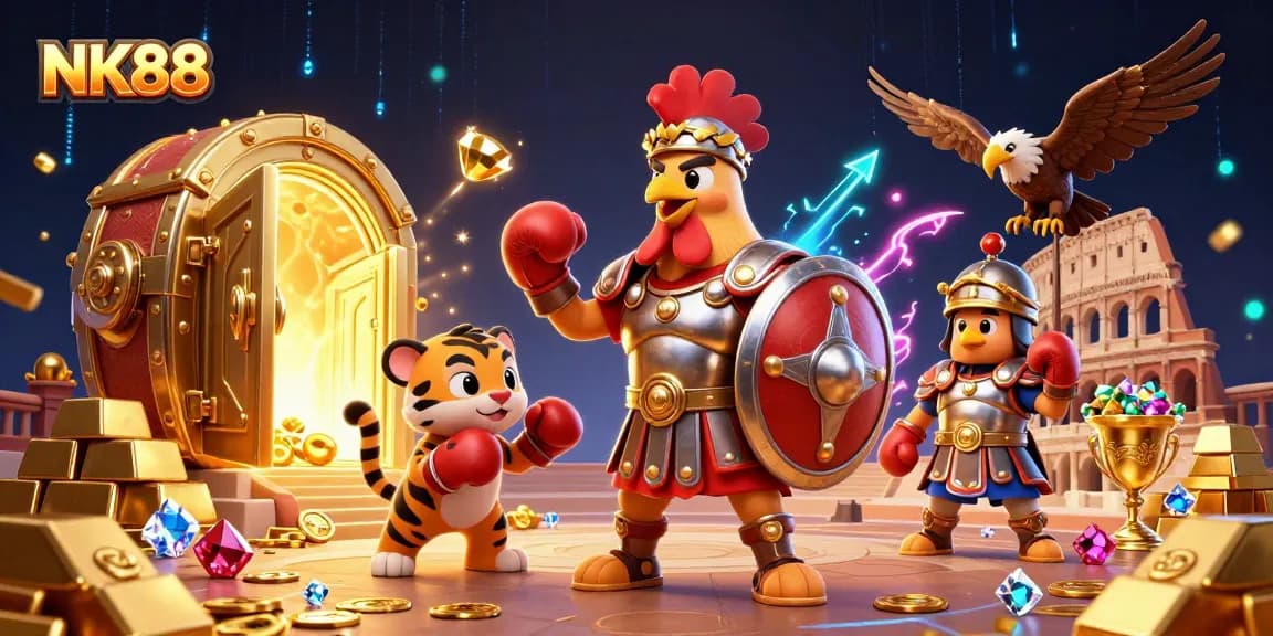 Engage in thrilling gameplay at NK88 with a dynamic illustration showcasing a gladiator rooster, tiger cub, and eagle amid treasure and gaming elements.