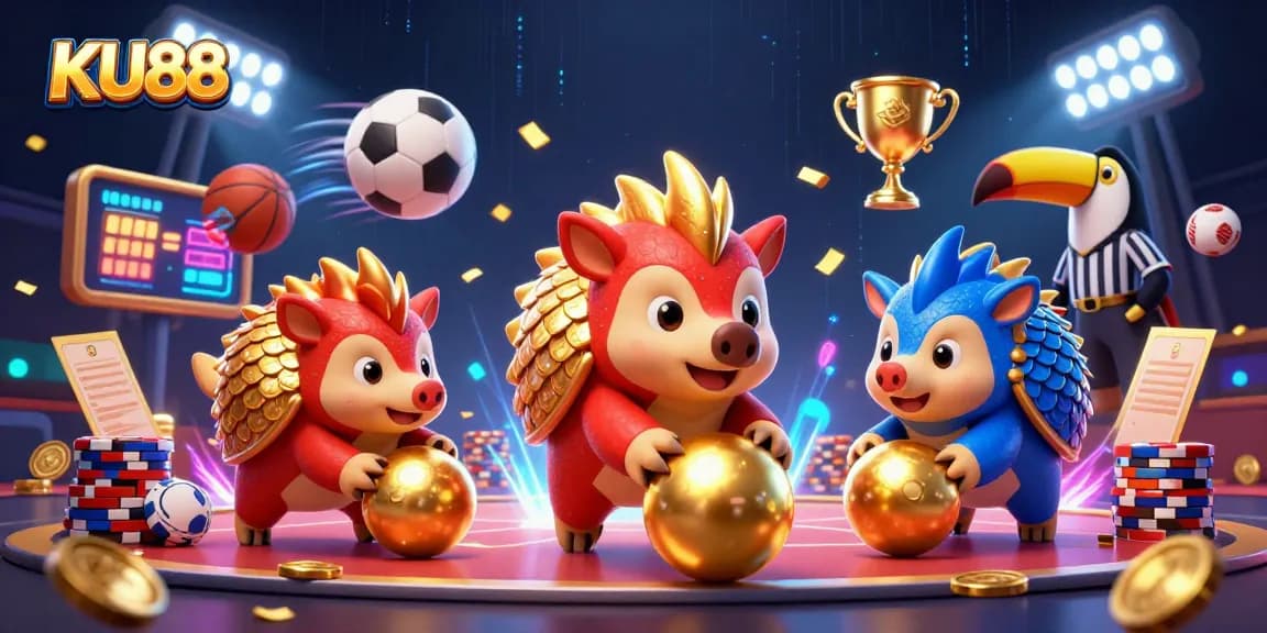 Experience interactive gaming at KU88 with dynamic pangolin rivals amidst poker chips and sports action.