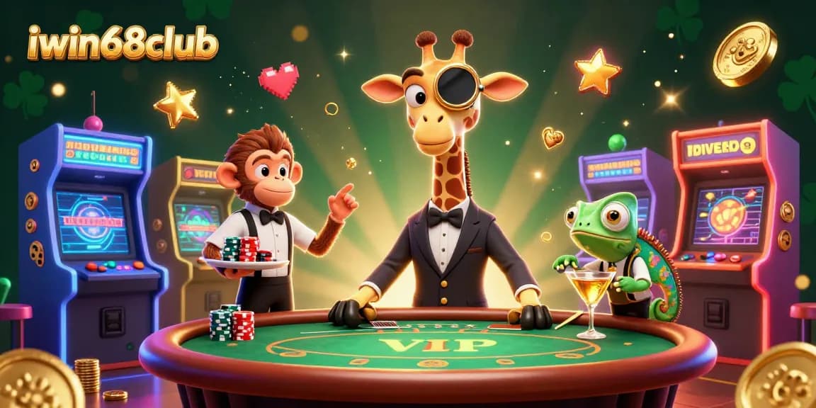 Experience gaming excitement with iwin68club characters in a vibrant casino illustration