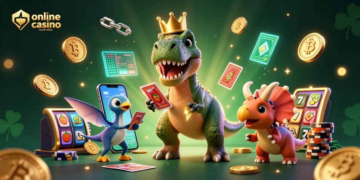 Experience the thrill of online casino Australia as a playful T-Rex shuffles cards amidst golden chips and blockchain elements.