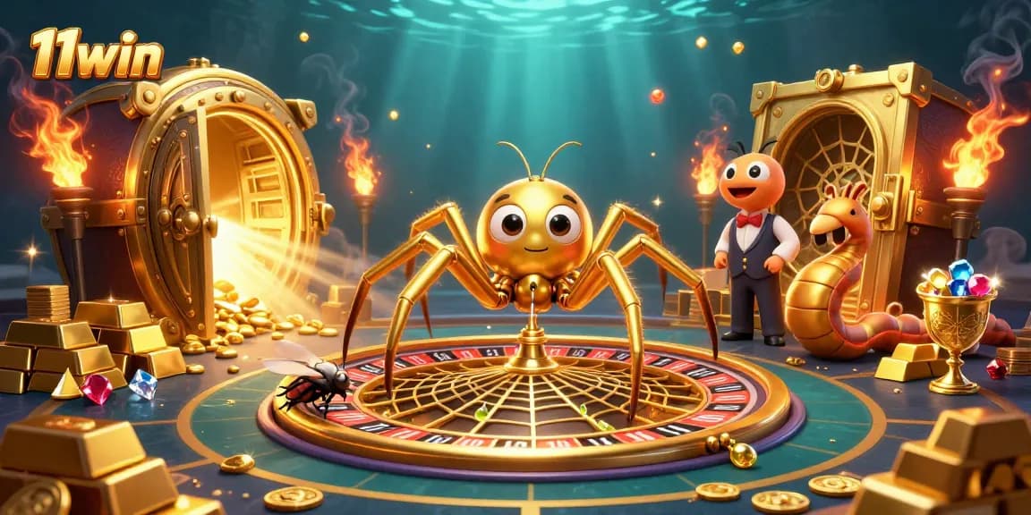 Experience thrilling bets at 11win with a golden spider spinning a roulette wheel web.