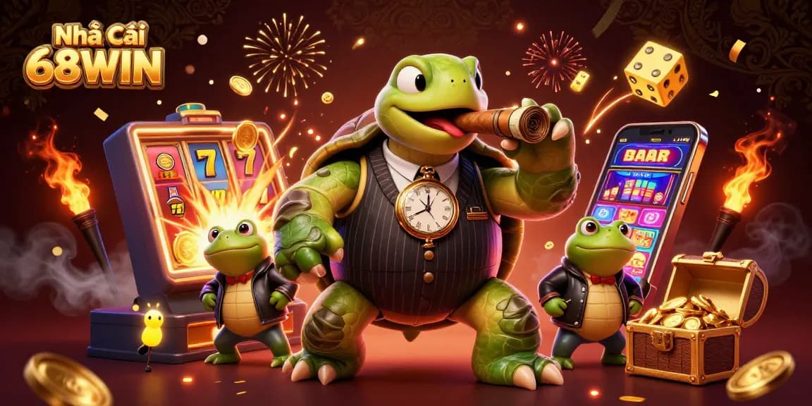 Engage with Nhà Cái 68WIN as the casino scene bursts with jackpots, colorful game elements, and vibrant characters.