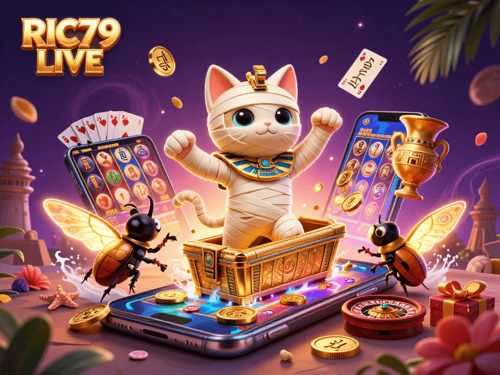 Experience RIC79 LIVE with a vibrant 3D casino scene featuring thrilling gaming elements and characters.