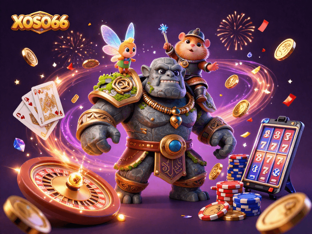 Experience winning magic with XOSO66's lively casino illustration of golem and knight