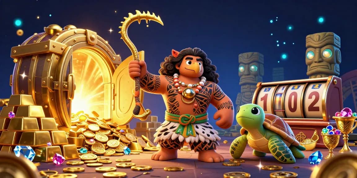 Spin the slots at Go 88 while surrounded by treasures and vibrant characters in this 3D casino illustration.