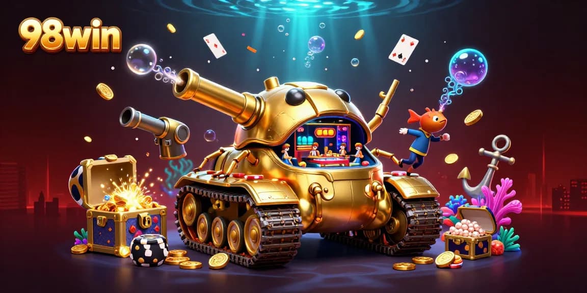 Experience fun gameplay at 98win with a golden beetle tank casino scene bursting with color and excitement.