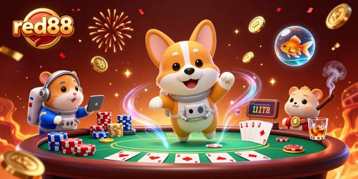 Experience thrilling action with red88 in a vibrant space casino featuring poker, chips, and fun characters.
