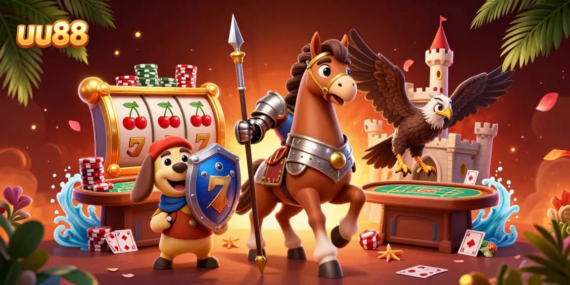 Spin and win with uu88 in a vibrant casino scene featuring knights and exciting games.