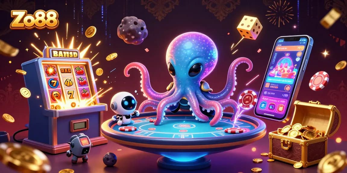 Zo88's dynamic gaming scene with a colorful poker table and vibrant slot machine action.