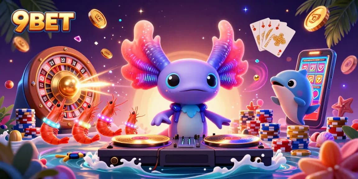 Join the 9BET party with a colorful axolotl DJ and vibrant casino elements in this dynamic scene.