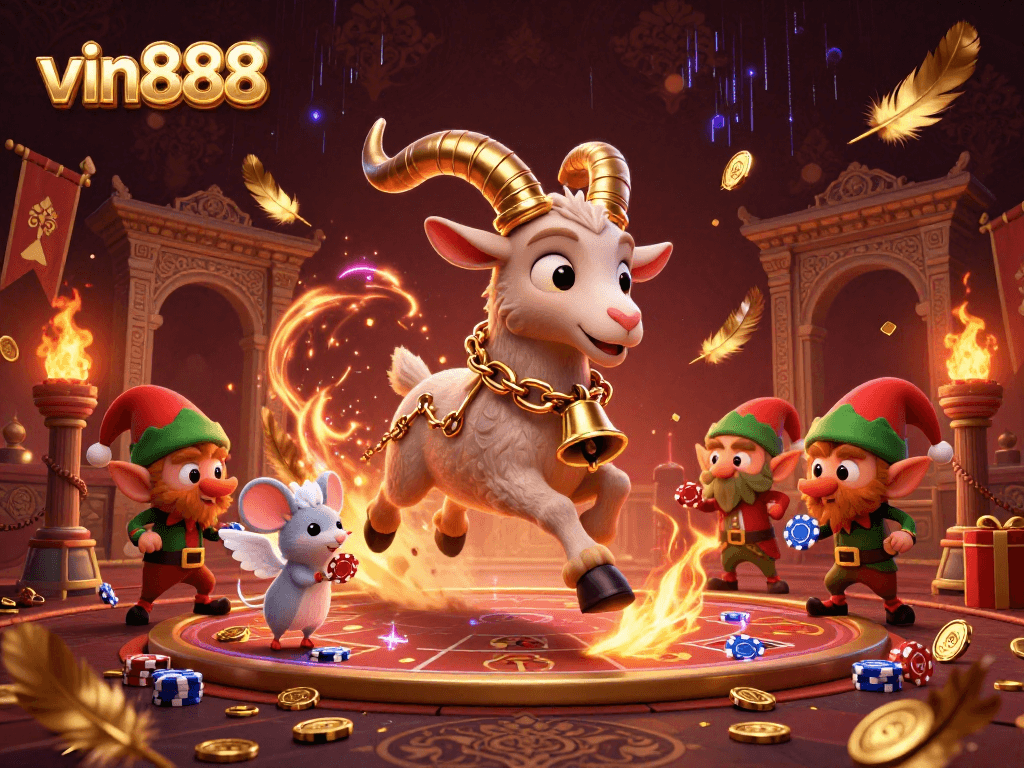 vin888 captures thrilling holidays with Krampus in a vibrant casino scene full of chaos.