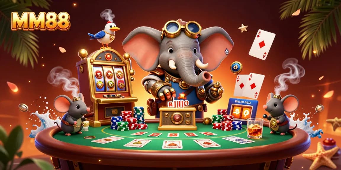 Engage with MM88's thrilling casino experience featuring vibrant gambling elements and interactive characters.
