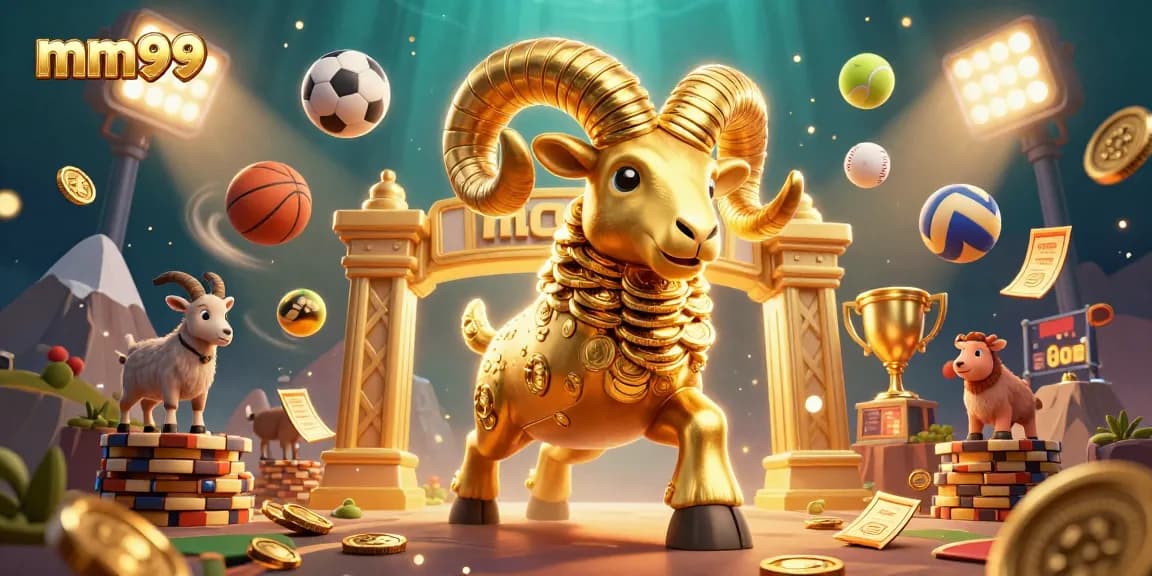 Win big with mm99 at a vibrant 3D casino scene filled with dynamic sports elements.