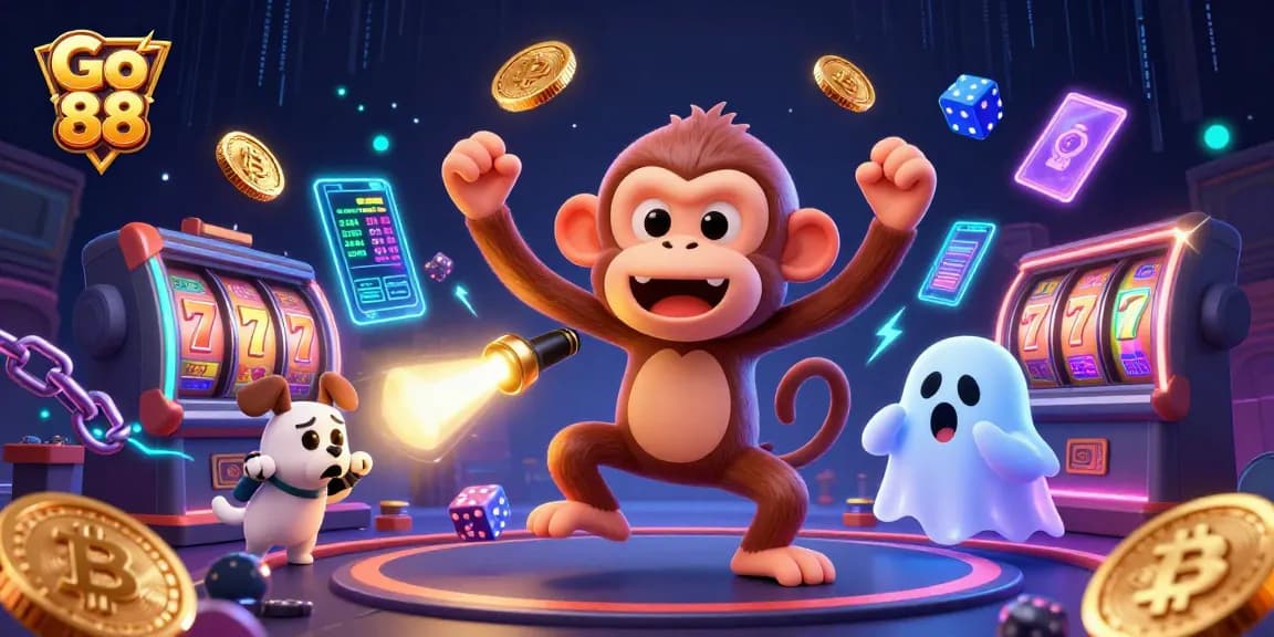 Experience thrilling gaming at Go 88, showcasing a playful monkey and ghost-hunter puppy in a lively casino.