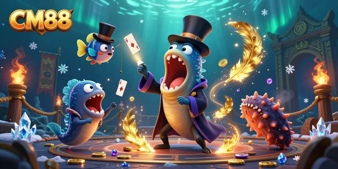 Engage with CM88 at a vibrant underwater magic show, showcasing thrilling card tricks.