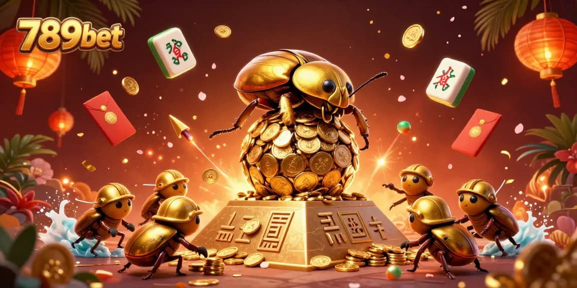 Experience the thrill of 789bet gaming with massive golden beetles and casino symbols in a vibrant scene.