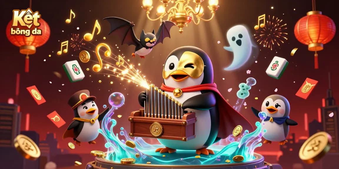 Engage with Kết quả bóng đá through a vibrant 3D scene featuring a phantom penguin playing a magical organ surrounded by festive elements.