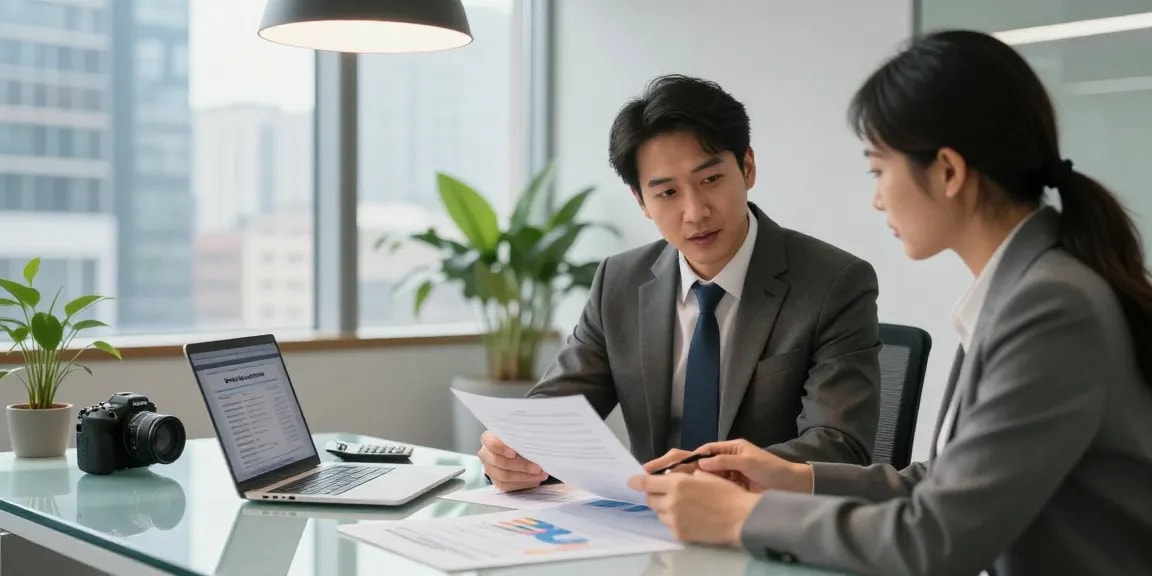 Consultant discussing best merchant cash advance UK no credit check options with client in professional office.