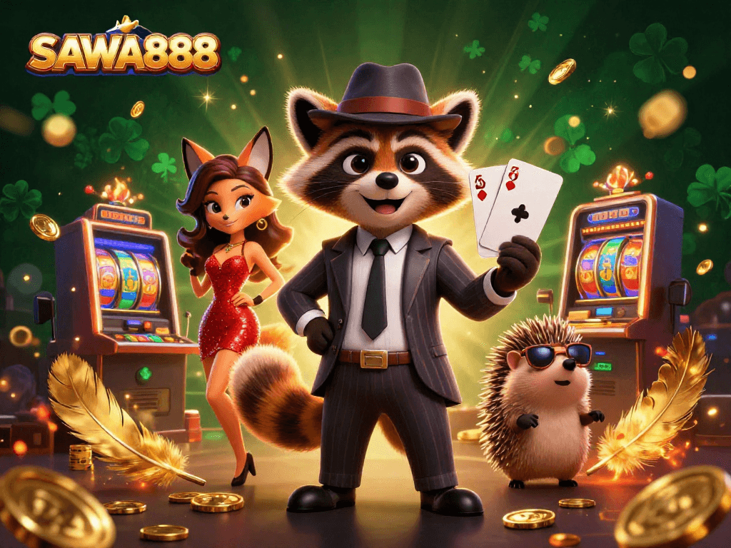 Experience the thrill of SAWA888 with a suave raccoon, glamorous fox, and hedgehog bouncer amid engaging casino elements.