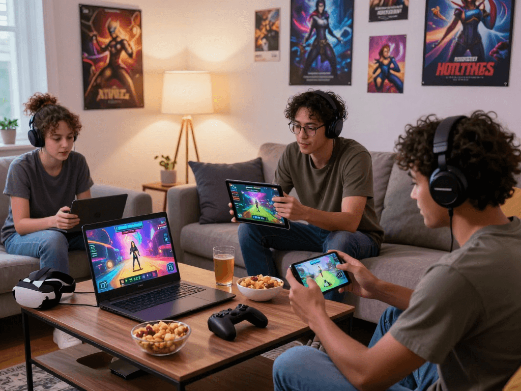 Group playing a sex game in a cozy living room, showcasing vibrant gaming devices and snacks.
