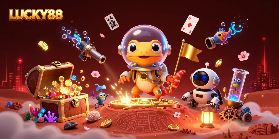 LUCKY88 showcases a vibrant casino adventure, featuring a Martian gecko exploring a casino with treasures and cheering aliens.