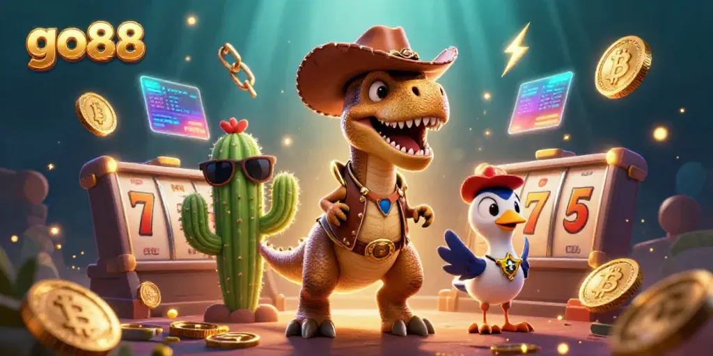 Join the go88 gaming adventure featuring a T-Rex, cactus sidekick, and roadrunner amidst vibrant slot reels.