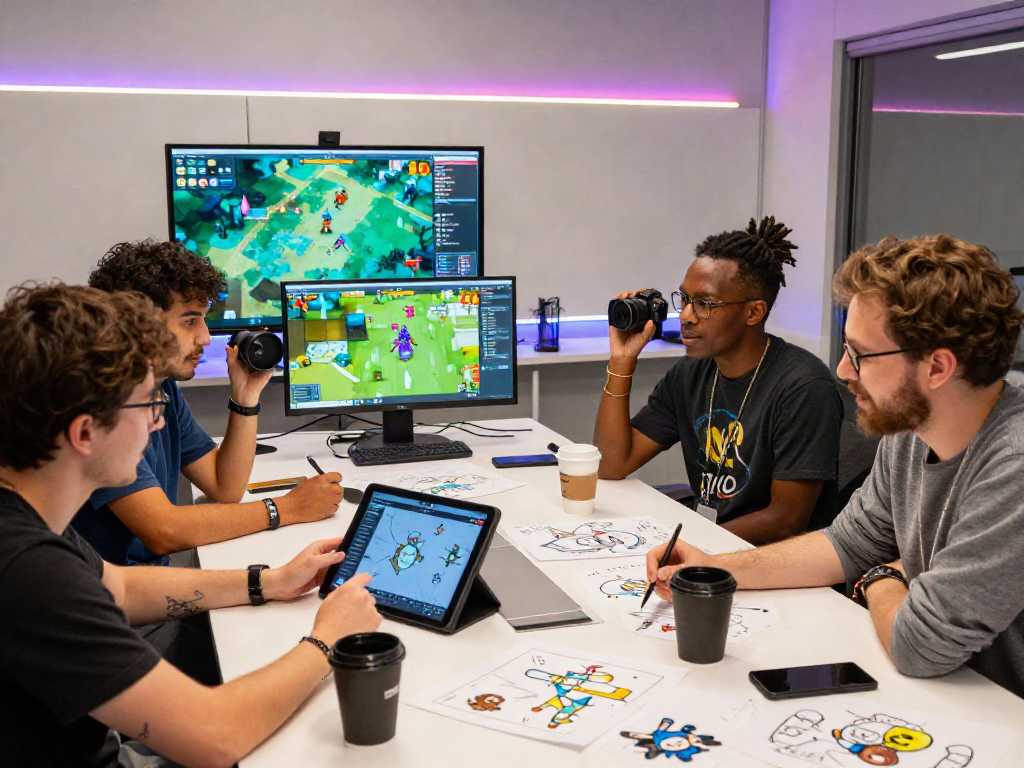 Creative team collaborating on an adult game design in a modern studio.